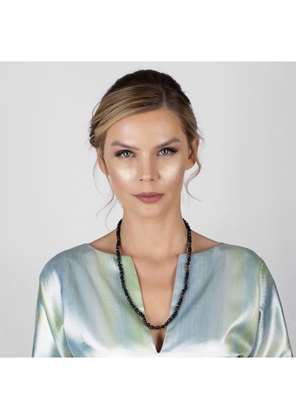 Makrome Örgülü Oniks-Akik-Hematit Kombinli Doğaltaş Kadın Kolye fiyatları