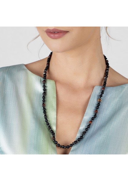 Makrome Örgülü Oniks-Akik-Hematit Kombinli Doğaltaş Kadın Kolye modelleri