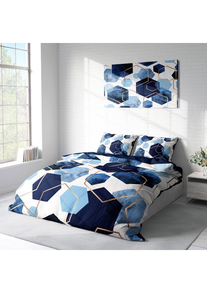 Blue Hexagon 3D Pamuk Saten Çift Kişilik Nevresim Takımı