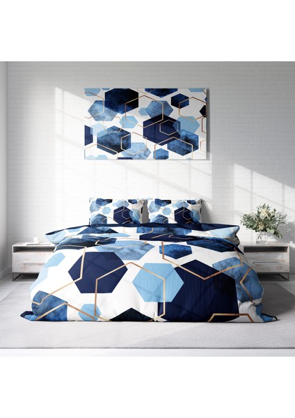 Blue Hexagon 3D Pamuk Saten Çift Kişilik Nevresim Takımı