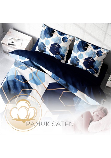 Blue Hexagon 3D Pamuk Saten Çift Kişilik Nevresim Takımı