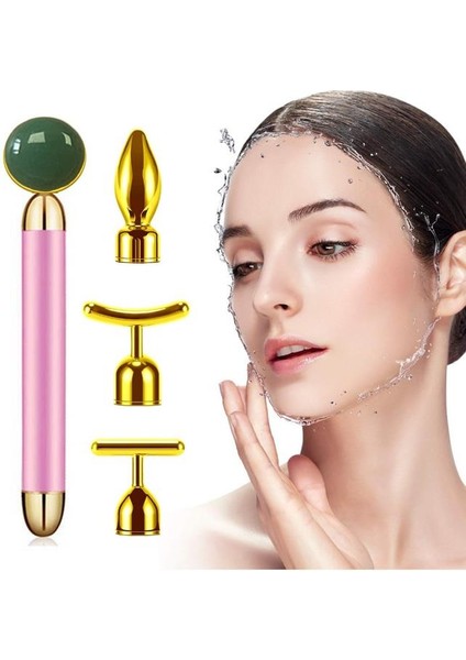 4 In 1 Güzellik Masaj Kalem Set Doğal Green Jade (Yeşim) Taş, Pembe Çubuk