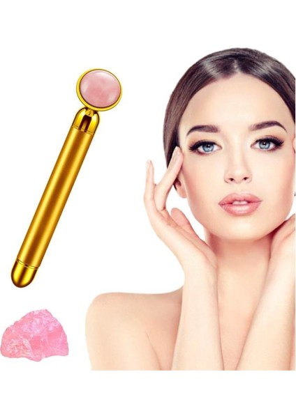 Titreşimli Güzellik Masaj Kalemi Doğal Pink Jade (Yeşim) Taş, Gold Çubuk