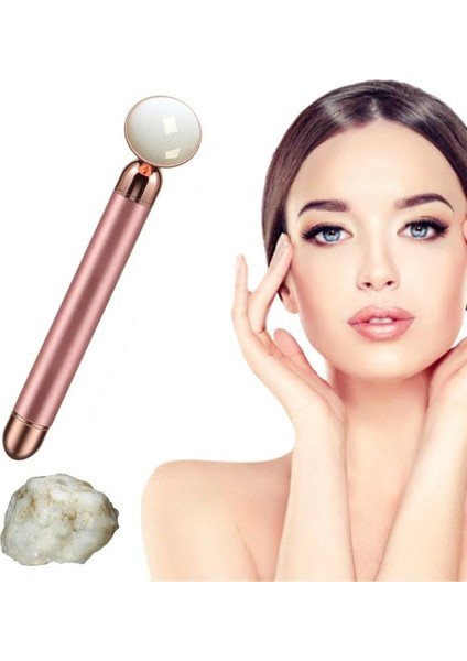Titreşimli Güzellik Masaj Kalemi Doğal White Jade (Yeşim) Taş, Pembe Çubuk