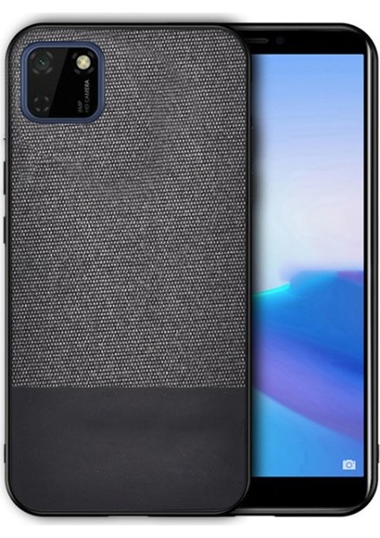 Huawei Y5P - Honor 9s Fabrik Serisi Kumaş ve Deri Desen Kılıf - Siyah