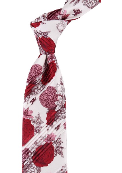 Beyaz Kırmızı Gül Desen Piliseli Ipek Kravat ES134