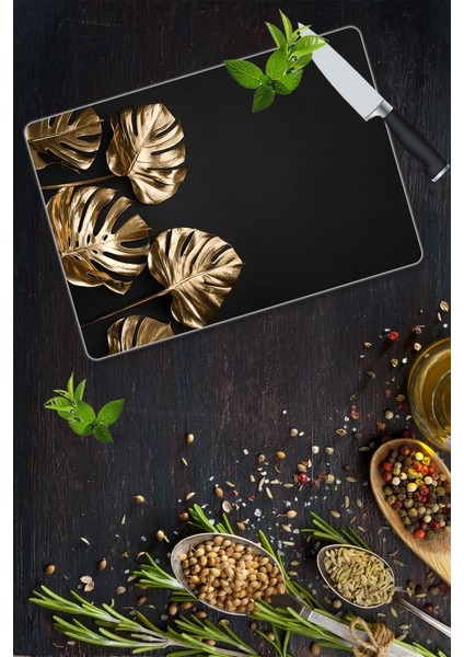 4 Altın Yaprak Cam Kesme Tahtası | 30 x 40 cm.