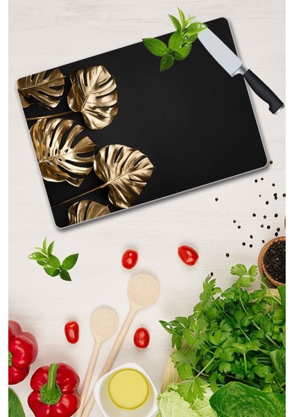 4 Altın Yaprak Cam Kesme Tahtası | 30 x 40 cm. fiyatları