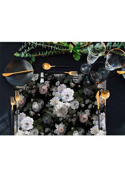 Home Siyah Çiçek Kumaş Amerikan Servis 4'lü Set 35X50CM