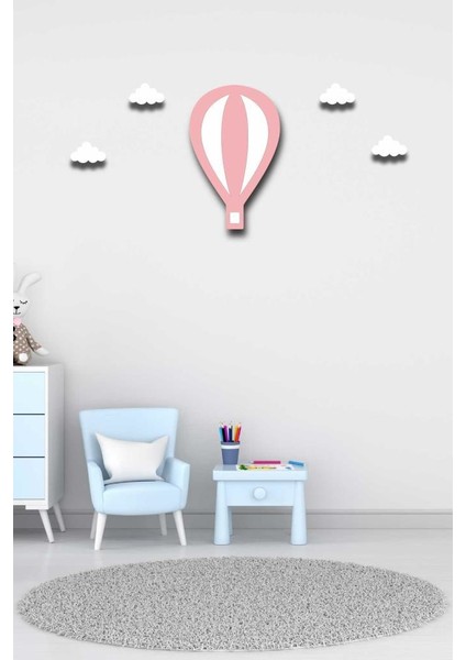 Pembe Balon Duvar Süsü+ 4 Mini Bulut Ahşap Duvar Dekoru