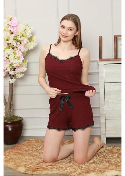 Dantel Detaylı Kurdelali Kadın Pijama Takımı 5530-3 - Mürdüm Mürdüm - S