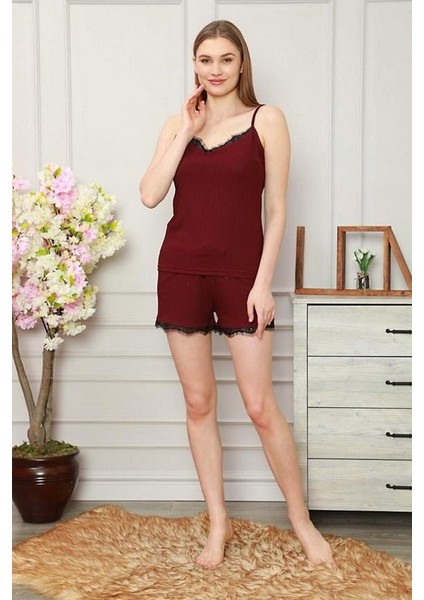 Dantel Detaylı Kurdelali Kadın Pijama Takımı 5530-3 - Mürdüm Mürdüm - S fiyatları