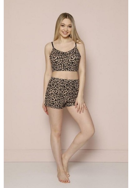 Askılı Crop Top Kadın Pijama Takımı 5532-1 - Leopar Leopar - S