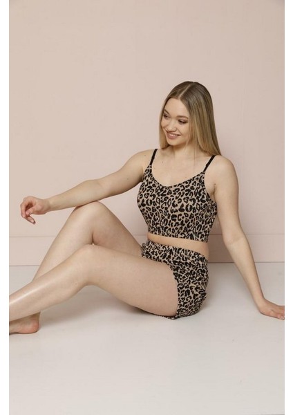 Askılı Crop Top Kadın Pijama Takımı 5532-1 - Leopar Leopar - S