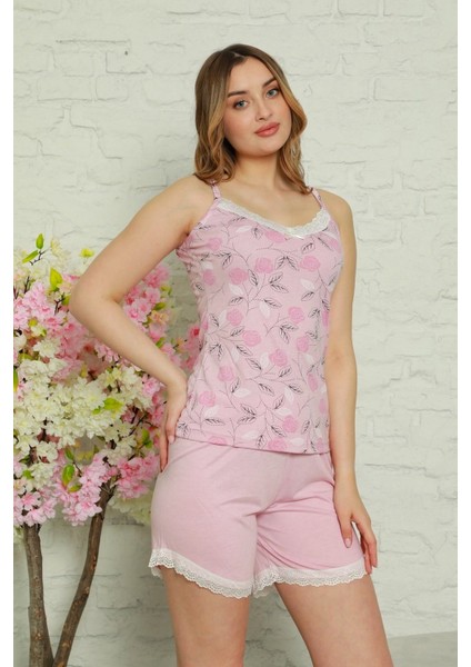 Dantelli Çiçek Desenli Kadın Pijama Takımı 2465-2 - Pembe Pembe - S