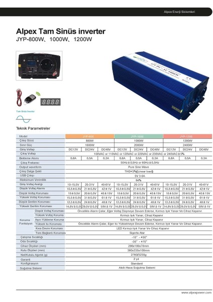 1000 W 12 Volt Tam Sinüs Inverter