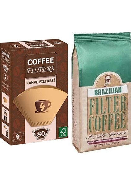 Kurukahveci Mehmet Efendi  Brazilian Filtre Kahve 250 gr + Coffee Filters  Kahve Kağıdı No:4 80'li