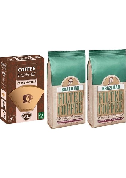 Kurukahveci Mehmet Efendi  Brazilian Filtre Kahve 2X250 gr + Coffee Filters  Kahve Kağıdı No:4 80'li