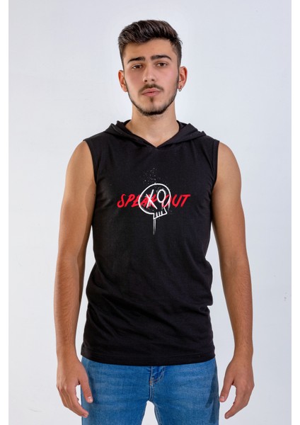 Unisex Ön Dijital Baskılı Kapşonlu Kolsuz Siyah T-Shirt