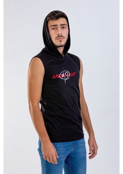 Unisex Ön Dijital Baskılı Kapşonlu Kolsuz Siyah T-Shirt fiyatları