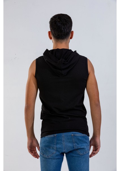 Unisex Ön Dijital Baskılı Kapşonlu Kolsuz Siyah T-Shirt modelleri