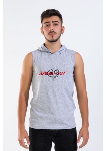 Unisex Ön Dijital Baskılı Kapşonlu Kolsuz Gri Melanj T-Shirt