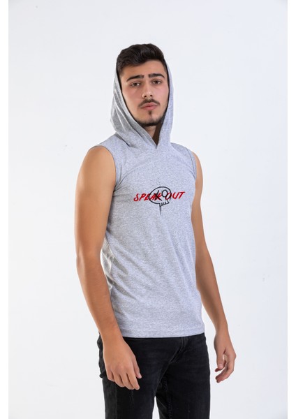 Unisex Ön Dijital Baskılı Kapşonlu Kolsuz Gri Melanj T-Shirt fiyatları