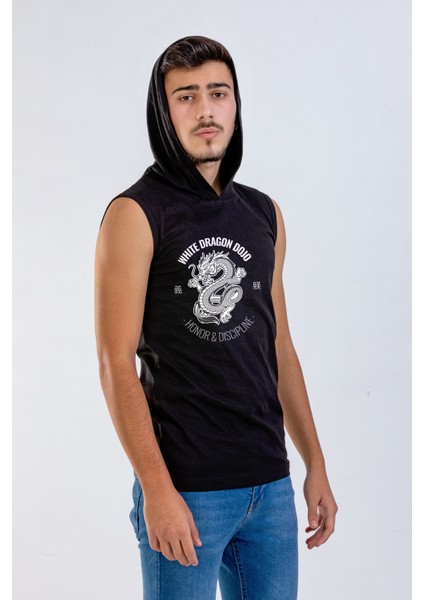 Unisex Ön Dijital Baskılı Kapşonlu Kolsuz Siyah T-Shirt fiyatları