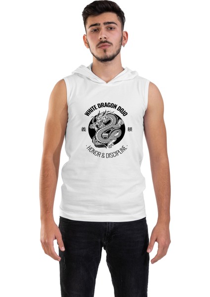 Unisex Ön Dijital Baskılı Kapşonlu Kolsuz Beyaz T-Shirt
