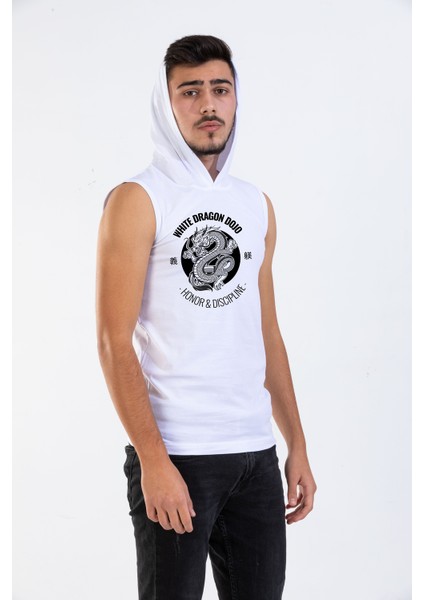 Unisex Ön Dijital Baskılı Kapşonlu Kolsuz Beyaz T-Shirt fiyatları