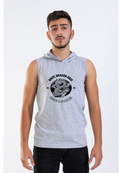 Unisex Ön Dijital Baskılı Kapşonlu Kolsuz Gri Melanj T-Shirt