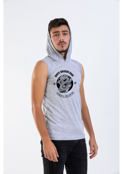 Unisex Ön Dijital Baskılı Kapşonlu Kolsuz Gri Melanj T-Shirt fiyatları