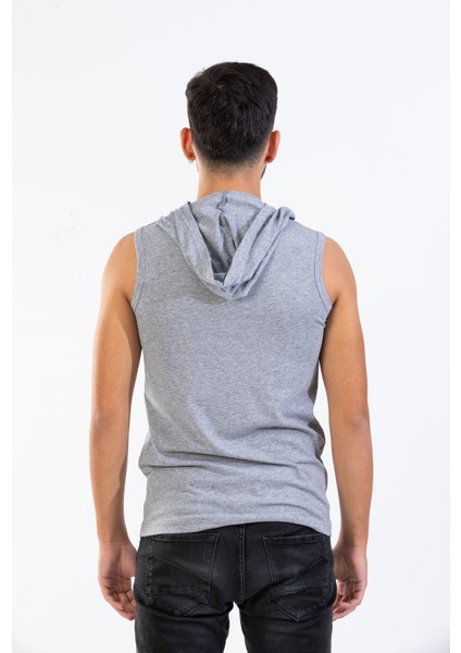 Unisex Ön Dijital Baskılı Kapşonlu Kolsuz Gri Melanj T-Shirt modelleri
