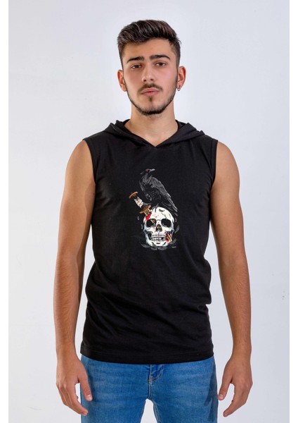 Unisex Ön Dijital Baskılı Kapşonlu Kolsuz Siyah T-Shirt