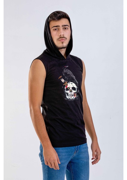 Unisex Ön Dijital Baskılı Kapşonlu Kolsuz Siyah T-Shirt fiyatları