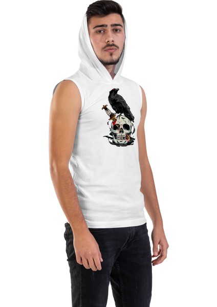 Unisex Ön Dijital Baskılı Kapşonlu Kolsuz Beyaz T-Shirt fiyatları