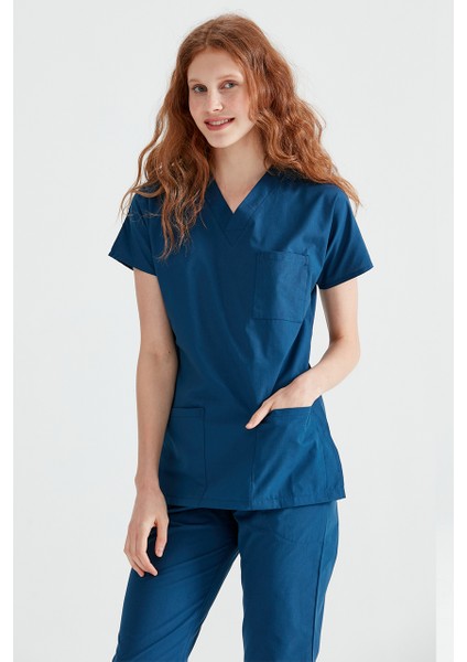 Indigo Mavi Tek Üst Terikoton Ince Kumaş Dr Greys Kesim Forma