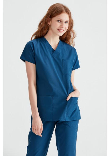 Indigo Mavi Tek Üst Terikoton Ince Kumaş Dr Greys Kesim Forma