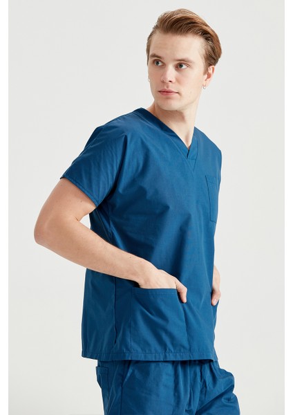 Indigo Mavi Tek Üst Terikoton Ince Kumaş Dr Greys Kesim Forma