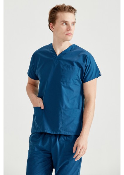 Indigo Mavi Tek Üst Terikoton Ince Kumaş Dr Greys Kesim Forma