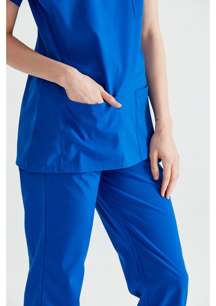 Saks Mavi Tek Alt Terikoton Ince Kumaş Renkli Dr Greys Kesim Forma