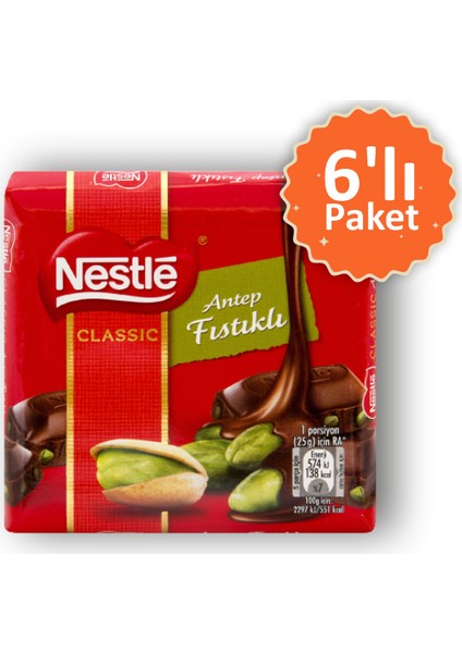 Antep Fıstıklı Kare Çikolata Clasic 65 gr 6'lı