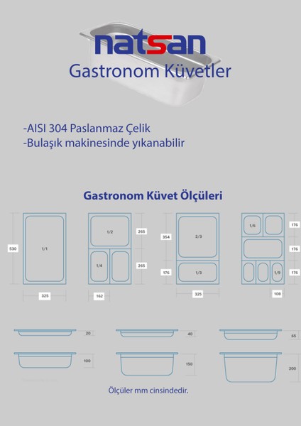 Natsan-Paslanmaz Çelik Gastronom Küvet Gn 1/1-65 (53 x 32,5 x 6,5 Cm)