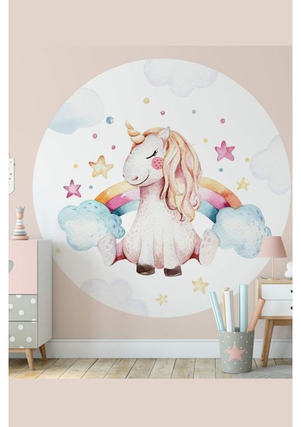 Unicorn Gökkuşağı Bulut ve Yıldızlar Yuvarlak Çocuk Odası Sticker