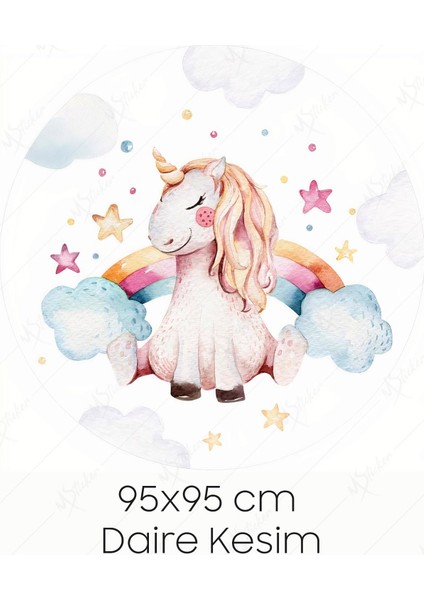 Unicorn Gökkuşağı Bulut ve Yıldızlar Yuvarlak Çocuk Odası Sticker