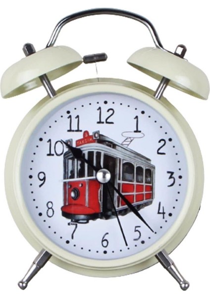 Taksim Tramvay Desenli Retro Krem Metal Masa Saati