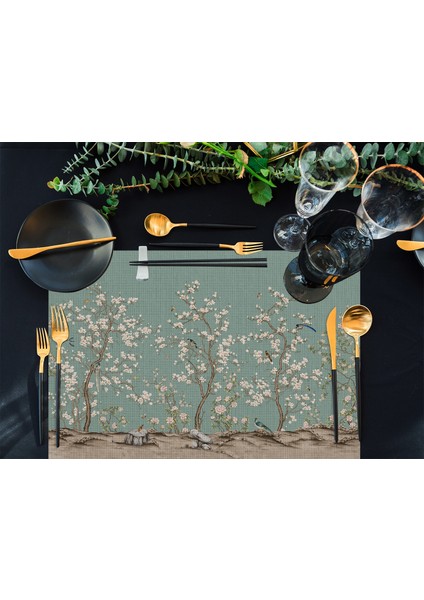 Home Yeşil Kuşlu Bahçe Kumaş Amerikan Servis 4'lü Set 35X50CM