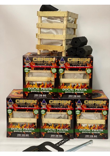 Doğal Pratik Mangal Kömürü 6 Adet Çıtalı, Alttan Yakmalı (Maşa ve Yelpaze)