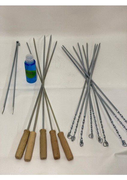 17 Parça Mangal Şiş Set (5 Adet Ağaç Saplı, 10 Adet Ince) Maşa ve Jel