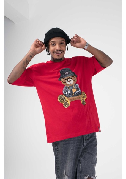 Oversize Bisiklet Yaka Baskılı Kısa Kollu T-Shirt Kırmızı